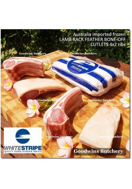 Lamb RACK FEATHER BONE-OFF Australia WHITE STRIPE frozen CUTLETS 4x2 ribs +/-1.3kg (price/kg)
